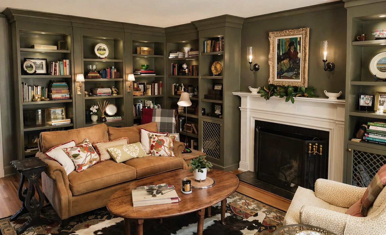 dark green painted library cabinets
